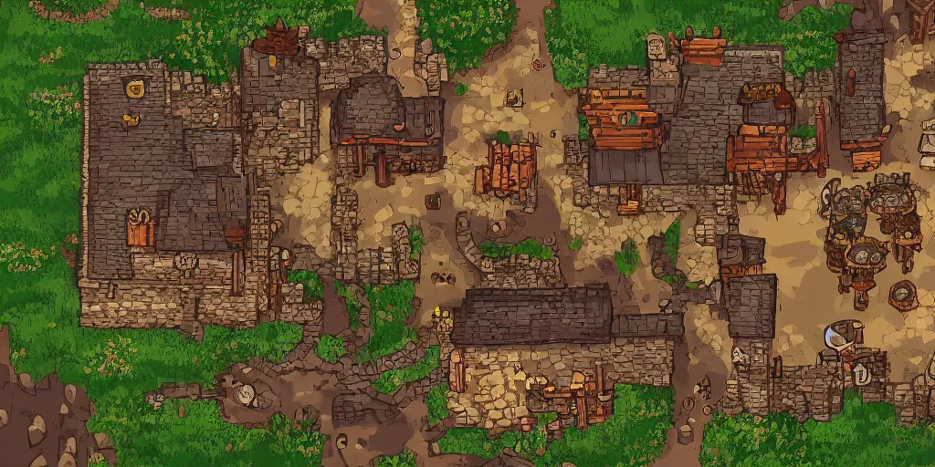 Image similar to A high detailed vector art presenting an aerial view of a RPG tavern by dungeondraft, dofus, Patreon content, containing tables and walls, HD, straight lines, vector, grid, dnd map, map patreon, fantasy maps, foundry vtt, fantasy grounds, aerial view ,dungeondraft , tabletop, inkarnate, dugeondraft, roll20