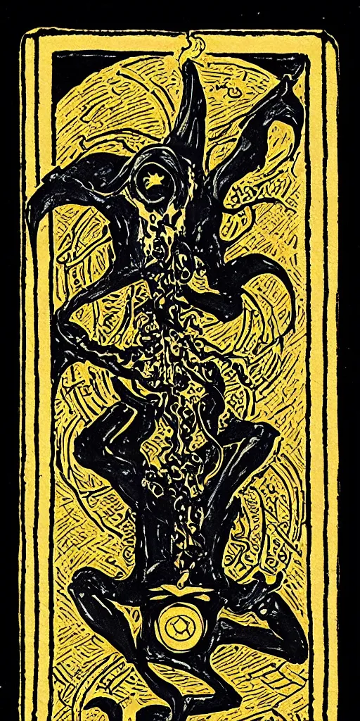 Image similar to tarot card, illithid, black background, gold border, metal