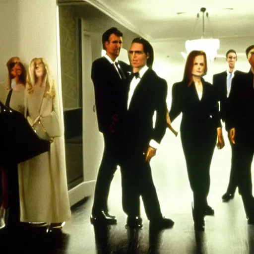 Image similar to Nicole Kidman, Tom Cruise, Johnny Depp, Anne Hathaway, Emmanuel Macron in American Psycho (1999)