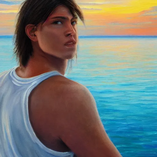 Image similar to a teen guy with a mullet, portrait, sunset, ocean in distance, oil painting, pale colors, high detail, 8 k, wide angle, trending on artstation,