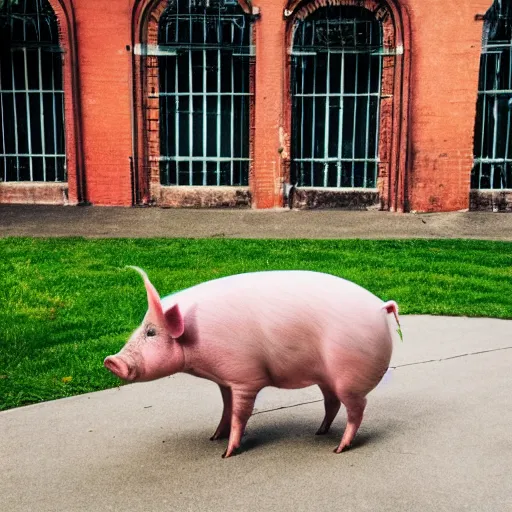 Image similar to pig wearing victorian dress in the courtyard doing crossfit