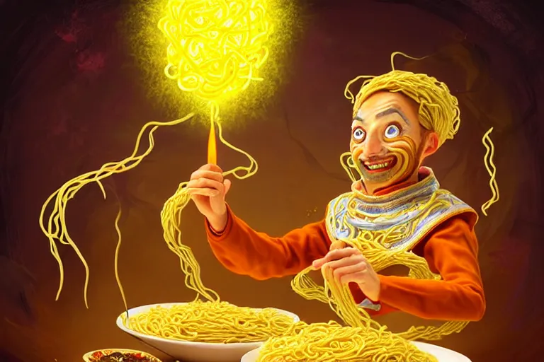 Prompt: a warlock made of noodles, wearing a magical apron with egg - yolk embroidery, casting a spell to summon holy pasta, glowing, in the style of magic the gathering, highly detailed digital art