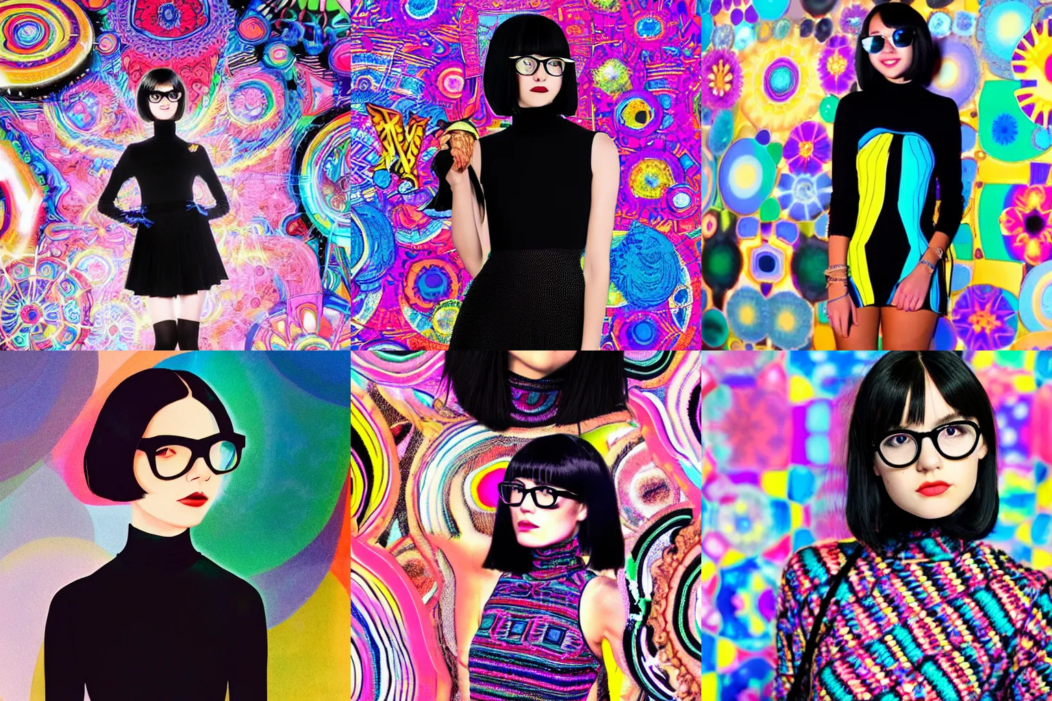 Prompt: moscoso short black asymetrical long bob haircut and round thin delicate blue frame glasses white teen girl, black turtleneck lace dress, in a colorful and bright trippy dmt room.