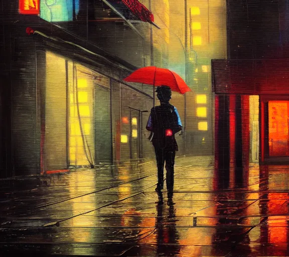 Prompt: melancholy on an empty street in a cyberpunk city during a rainy night, oil on canvas