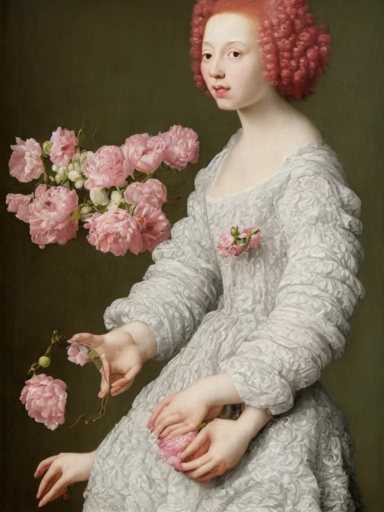 Image similar to Dutch style, Renaissance studio portrait painting of a beautiful, young woman with rosy cheeks, luscious, voluminous, curly red hair adorned with many pink and white flowers, cherry blossoms, peonies, white roses, baby's breath flowers, wearing a white lace dress, against a sea green textured backdrop, in the style of Jan Davidzoon de Heem,