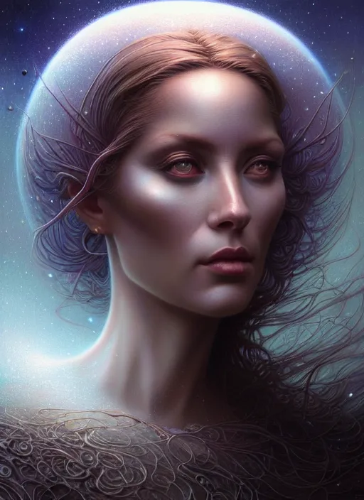 Image similar to closeup portrait shot of a beautiful cosmic woman in a scenic dystopian environment, intricate, elegant, highly detailed, centered, digital painting, artstation, concept art, smooth, sharp focus, illustration, artgerm, tomasz alen kopera, peter mohrbacher, donato giancola, joseph christian leyendecker, wlop, boris vallejo