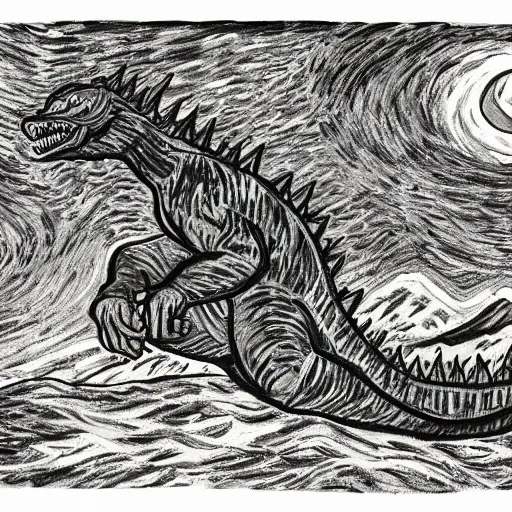 Image similar to godzilla doing atomic breath, by van gogh