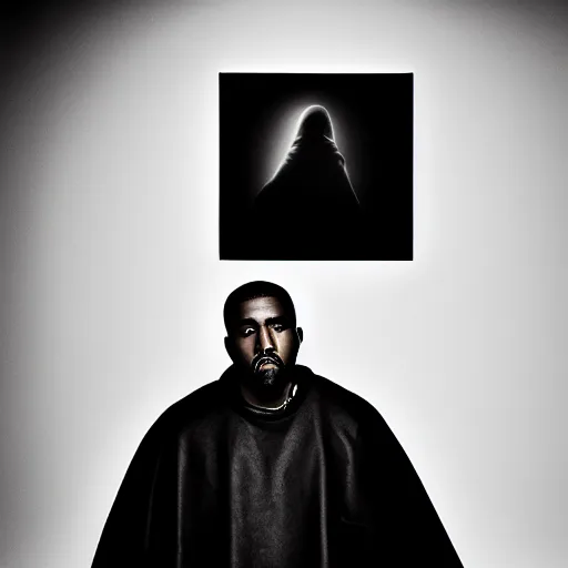 Image similar to a ( ( ( ( ( ( ( ( ( ( ( ( chiaroscuro lighting portrait ) ) ) ) ) ) ) ) ) ) ) of kanye west dressed as rick owens, black background, portrait by julia margaret cameron, shallow depth of field, 8 0 mm, f 1. 8