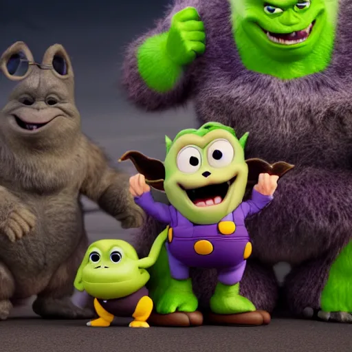 Image similar to ryan reynolds godzilla yoda donkey kong pikachu yeti shrek super mario homer groot waluigi darth vader mike wazowski, highly detailed, extremely high quality, hd, 4 k, 8 k, professional photographer, 4 0 mp, lifelike, top - rated, award winning, cinematic, realistic, detailed lighting, detailed shadows, sharp, no blur, edited, corrected, trending