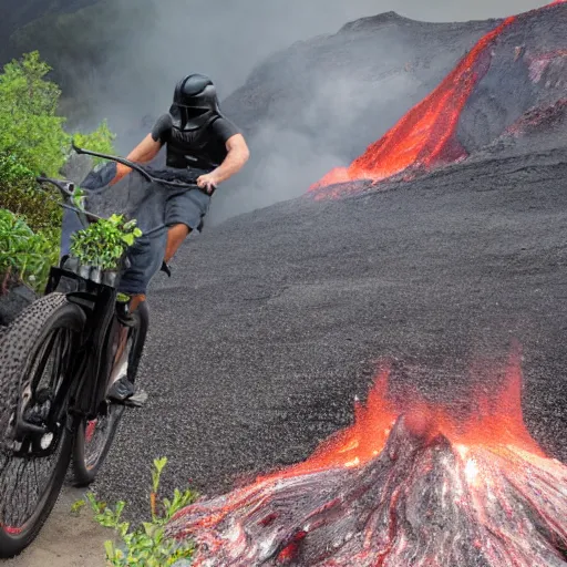 Prompt: darth vader riding a mountain bike through an active volcano