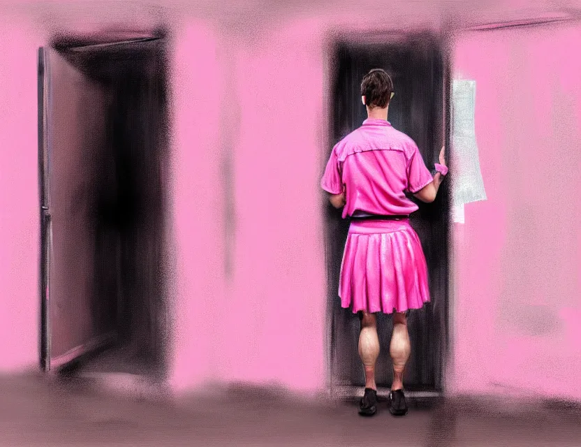 Prompt: a man in a short pink skirt, in jail, dirty room, bars on the windows, in a style of hyperrealism, trending on artstation