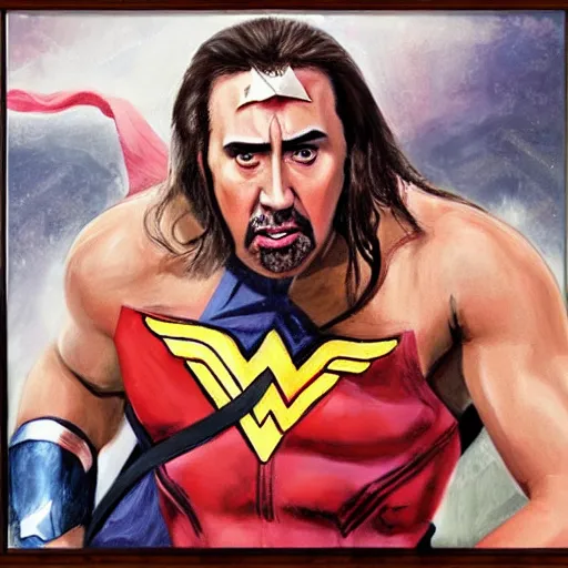 Image similar to nic cage as wonder woman, buff, painted portrait, highly detailed,