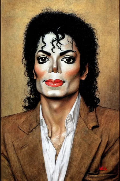 Image similar to a closer personal portrait of michael jackson with very piercing eyes, very charismatic. in the old ancient egypt. masterpiece, dark. painted by norman rockwell and james gurney