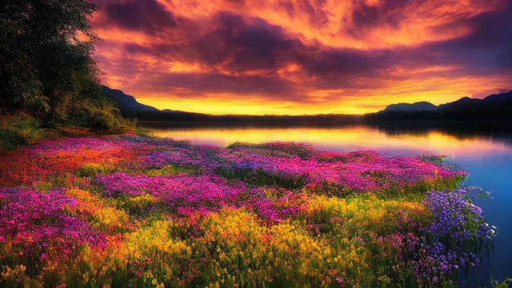 Image similar to amazing landscape photo of a flower bed with lake in sunset by marc adamus, beautiful dramatic lighting