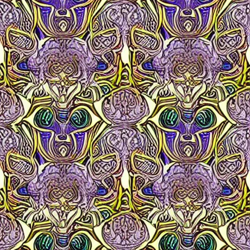 Image similar to Seamless Art Nouveau pattern, hyper-realistic Art nouveau pattern in style of Alphonse Mucha, Antoni Gaudi and Rene Lalique, seamless damask pattern, hyperdetailed curvy and swirly motifs, supersharp, hypermaximalist, smooth gradients