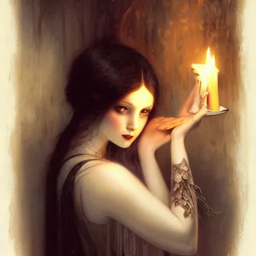 Prompt: pale young ghost girl, dark hair, by tom bagshaw, by gaston bussiere, candlelight