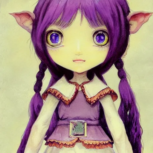 Image similar to little elf girl, tunic, soft hair. light color palate, purple, yellow and white. detailed soft painting, ayami kojima, made in abyss, anatomically correct, inspired in balthus, high detailed face anime