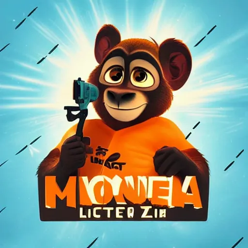 Image similar to “ logo of a monkey in the style of zootopia holding laser gun, with a black background, digital art, award winning, trending on art station, retro style ”