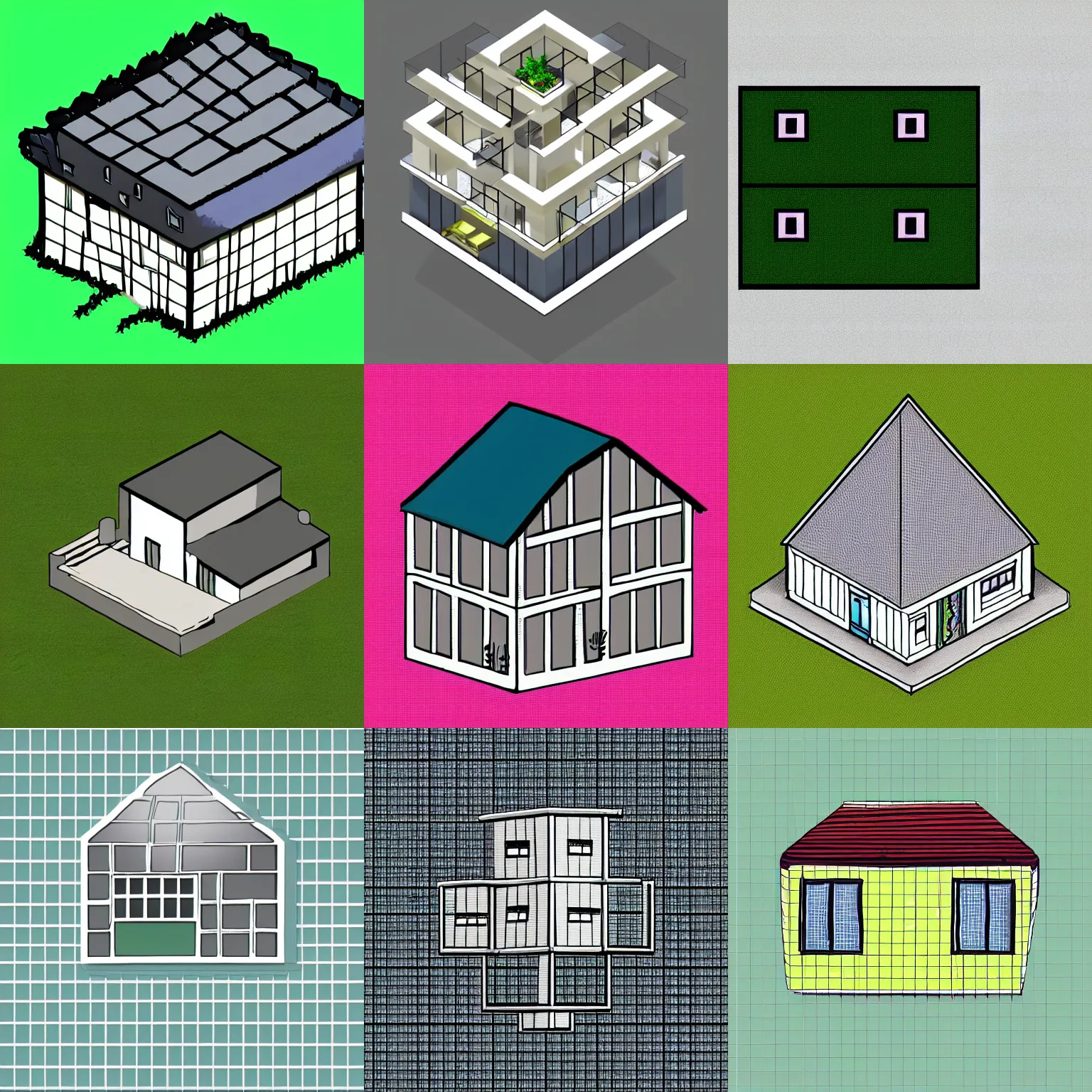 Prompt: two - dimensional sprite of a house placed on a three - dimensional grid, digital art, minimalist