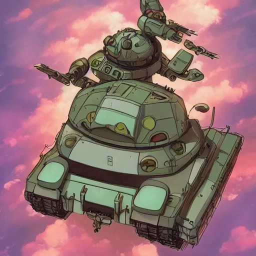 Prompt: a beautiful movie still in the style of Studio Ghibli anime showing a cute tank mecha with arms fighting an Alien from Aliens (1986). Studio Ghibli, aerial photography, wide angle lens, trending on artstation, trending on behance