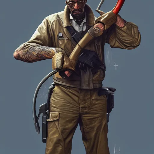 Prompt: gordan freeman from half - life holding a crowbar, intricate, highly detailed, digital painting, trending on artstation, concept art, smooth, sharp focus, illustration, unreal engine 5, 8 k, art by artgerm and greg rutkowski and alphonse mucha