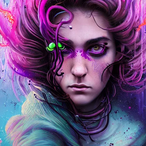 Image similar to detailed photo portrait of a furious teen girl with thin, hair-like purple tentacles on her head and bright purple eyes, 8k,by tristan eaton, Stanley Artgermm,Tom Bagshaw,Greg Rutkowski,Carne Griffiths,trending on DeviantArt, face enhance,hyper detailed ,full of colour, dramatic lightning