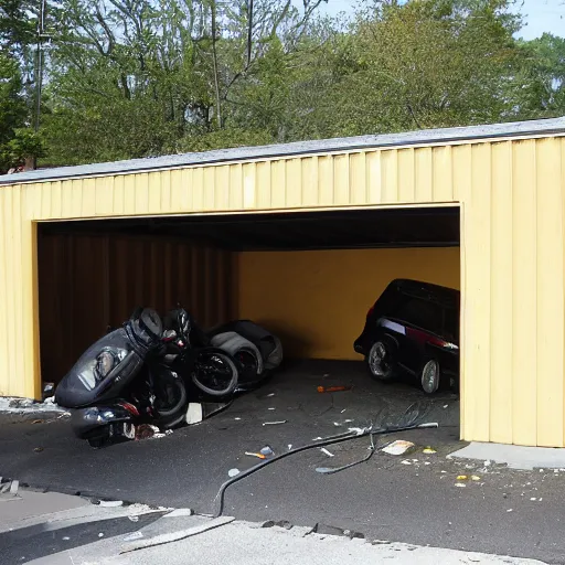 Prompt: garage is falling on the traffic