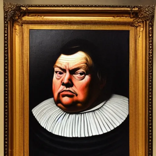 Image similar to a caravaggio portrait of donald frump, trumps much fatter and weirder looking cousin