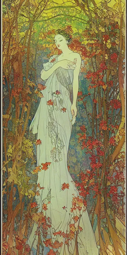 Image similar to a beautiful illustration of a forest in autumn, style of yoshitaka amano and alfons mucha