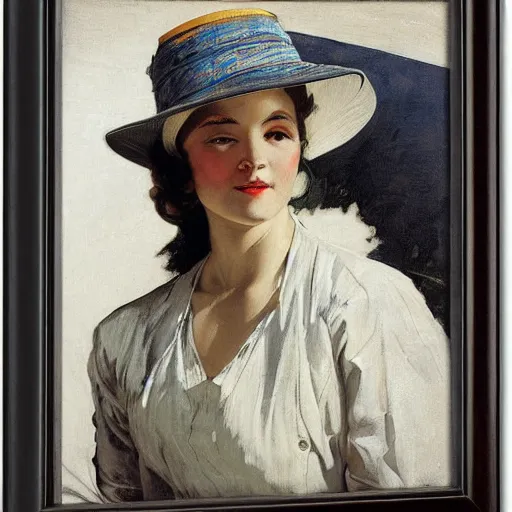 Prompt: frontal portrait of a woman wearing a rice hat, by j. c. leyendecker