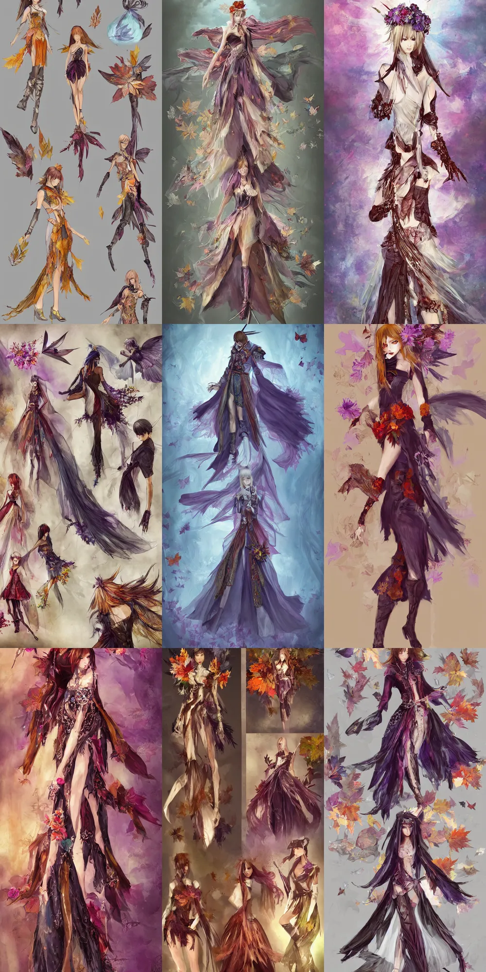 Prompt: Painterly character concept and fashion spot illustrations from a Final Fantasy 13 and Assassin's Creed 2 crossover Halloween wedding, full-body, dynamic poses, butterflies, autumn leaves, autumn-colored flowers, diaphanous iridescent silks, autumn colors, bloom, god rays, cinematic lighting, intricate crystalline and feather jewelry, ornate, filigree, arcane, by Norman Rockwell, by Maxfield Parrish, by Luis Ricardo Falero, by Alphonse Mucha, by Bouguereau, by Rubens, fantasy, portfolio illustration, highly detailed, trending on Artstation, CGsociety, Pixologic top row, rendered in Octane, rendered in Arnold, HQ, 8k, 35mm lens, f2.8, Bokeh,