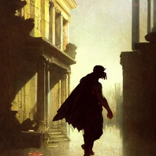 Image similar to half portait of magican wearing a cowl with big old book!, jeremy mann, jean leon gerome, tiepolo, alphonse mucha, greg rutkowski, face in the shadows, ( ( ruins of ancient rome ) ), at dusk, mysterious atmosphere, sunrays, dof, masterpiece, high detailed, 8 k