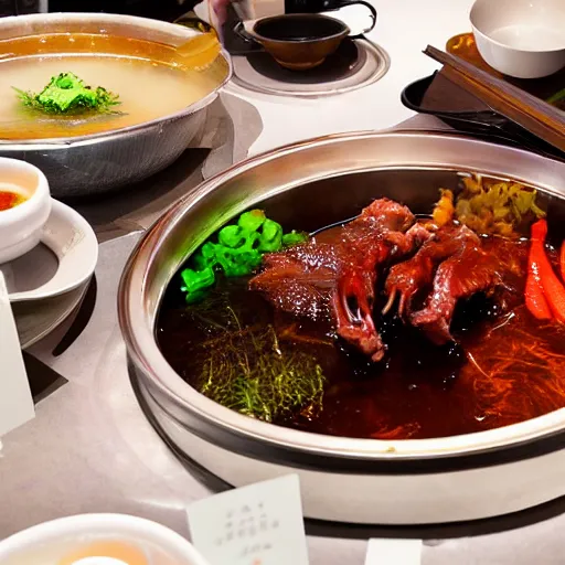 Image similar to high - end hot pot restaurant serving chinese dragon meat