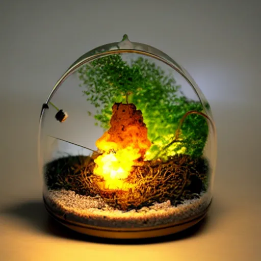 Image similar to a terrarium with nuclear reaction having meltdown diorama inside on top of a minimalist table, lit from the side