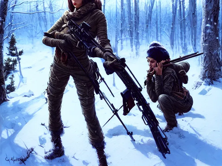 Image similar to a beautiful and aesthetic sniper huntress on the winter valley, aiming the sniper, toward to the camera, hunting the monsters, cynical, dramatic pose, intricate, highly detailed, detailed face, smooth, sharp focus, environmental light, rim light, artgerm, artstation, art by greg rutkowski, ilya kuvshinov, rossdraws, fantasy illustration