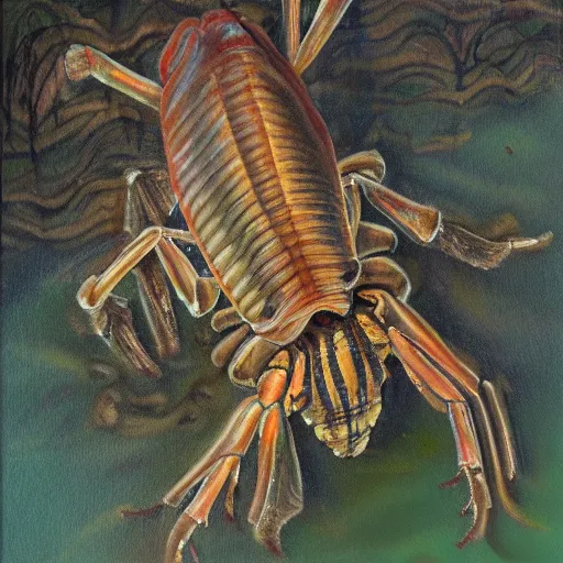 Prompt: humanoid isopod, swamp, forest, foggy, oil painting