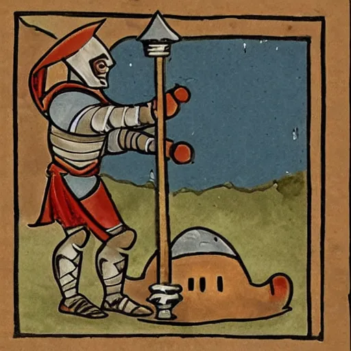 Image similar to A knight fighting a snail in front of a castle, in the style of an ancient manuscript