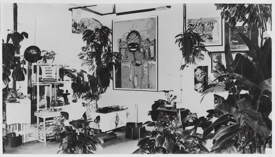 Image similar to A black and white photography of an exhibition space with objects of Sun Ra, Marcel Duchamp and tropical plants, 60s, offset lithography print, newspaper, distant shot