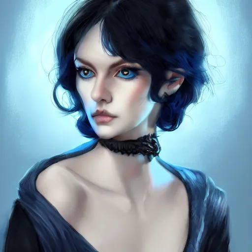 Image similar to pale girl with striking blue eyes and curly short black hair, digital art, trending on artstation