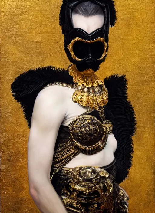 Image similar to highly detailed oil painting | very intricate | cinematic lighting | black, white and gold color scheme, dark background | the yoruba mask by alexander mcqueen | by roberto ferri, by gustav moreau, by singer sargent and klimt, american romanticism, by austin osman spare, artstation, cgsociety, official art, octane