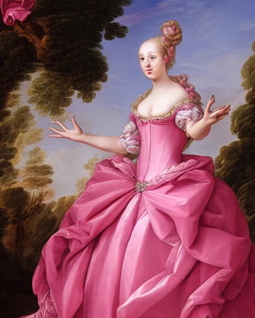 Image similar to 4k digital artwork of a rococo princess, rococo ballgown, rococo fashion, pink and white