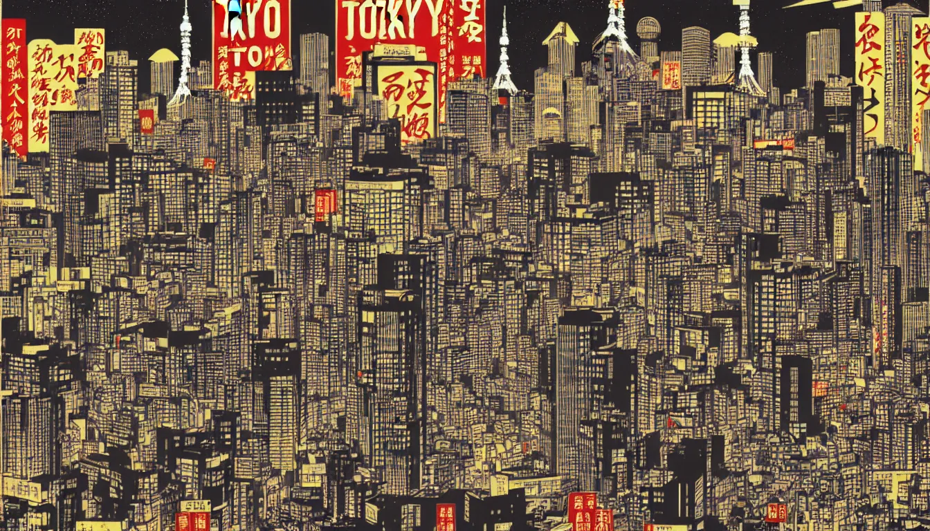 Prompt: tokyo by dan mumford and peter doig and edward hopper, symmetrical, minimal, black ink, thick lines highly detailed, muted colours, overlaid with chinese adverts, 8 k