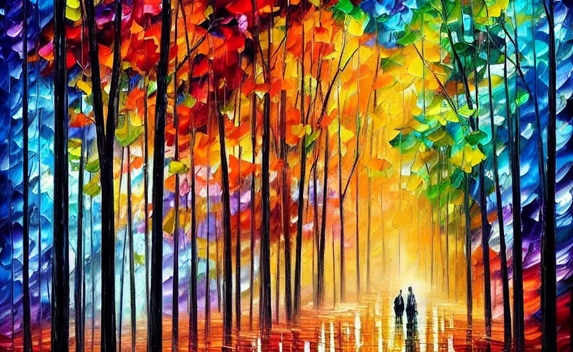 Image similar to psychedelic candy!!!!!!! forest in the rain by leoni afremov, oil painting!!!, intricate details!!!!, fine brush!!!!!!