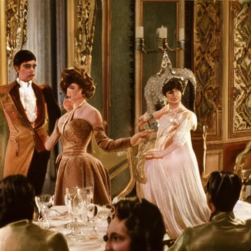 Image similar to ballroom scene from the leopard by luchino visconti with alain delon and claudia cardinale and an alien!!!! set in the 1 9 th century in an italian villa. technicolor!!!!, highly intricate, 5 0 mm