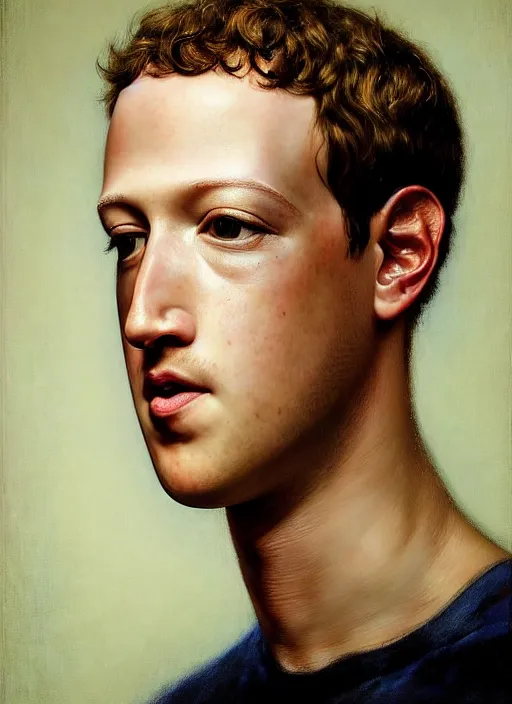 Prompt: A beautiful portrait of Mark Zuckerberg, frontal, digital art by Eugene de Blaas and Ross Tran, vibrant color scheme, highly detailed, in the style of romanticism