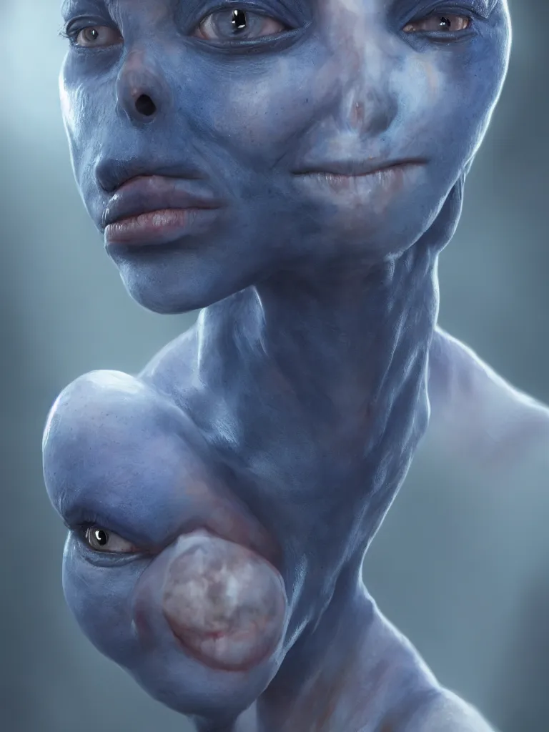 Prompt: realistic portrait picture of alien human - looking with blue skin, photography portrait, cinematic, high quality, cgsociety, artgerm, 4 k, uhd, 5 0 mm, trending on artstation