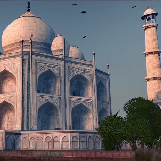 Image similar to dinosaurs attacking taj mahal, 8k, unreal engine 5, very detailed, horror vibe, smooth