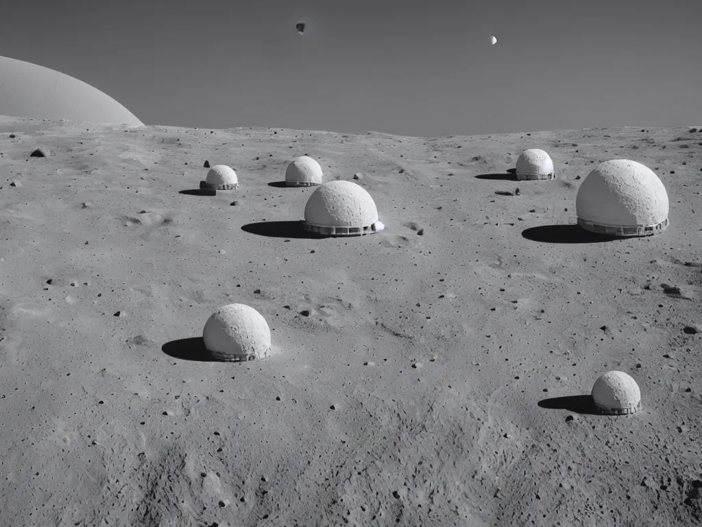 Prompt: lunar landscape with high-tech white moon base, geodesic domes, pipes