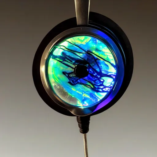 Image similar to futuristic headphones made of boulder opal, glowing, clean futuristic design, nixie tube accents, sacred, angelic, divine, museum lighting