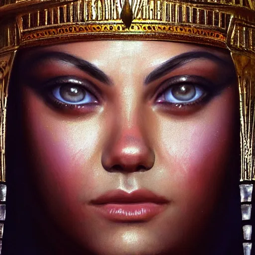 Prompt: closeup portrait of a mila kunis leigh as cleopatra, palace background, dramatic light, gorgeous view, depth, high detail, digital art, painted by greg rutkowski, trending on artstation